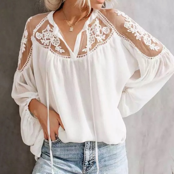 SOLD OUT White Lace Sheer Tie Front Peasant Boho Top Blouse - Picture 6 of 7